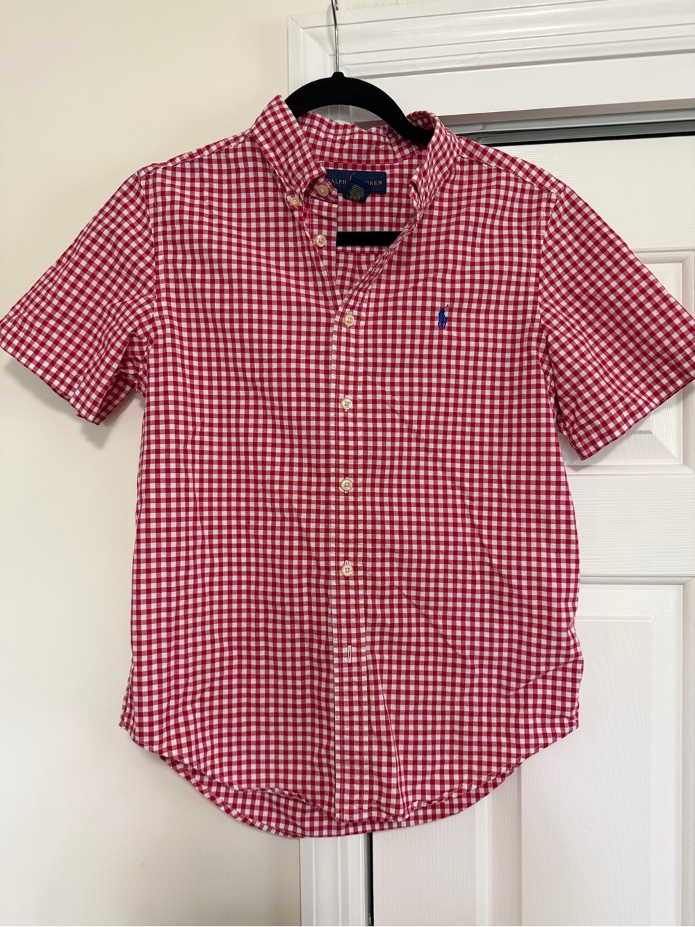 Ralph Lauren Boys Red White Checkered Short Sleeve Button Down Shirt Size Large